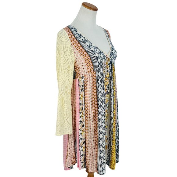 Mixed Print Lace Bell Sleeve Mini Dress | Boho Coastal Cowgirl Whimsigoth Indie - Picture 6 of 12